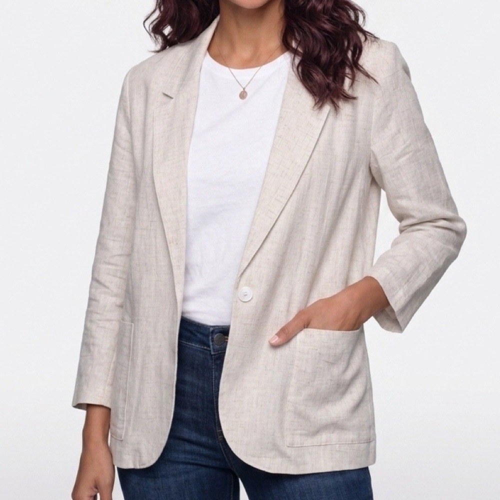 Tofy Blazer Women Large Beige Single Button Lightweight Linen Look Made in USA‎